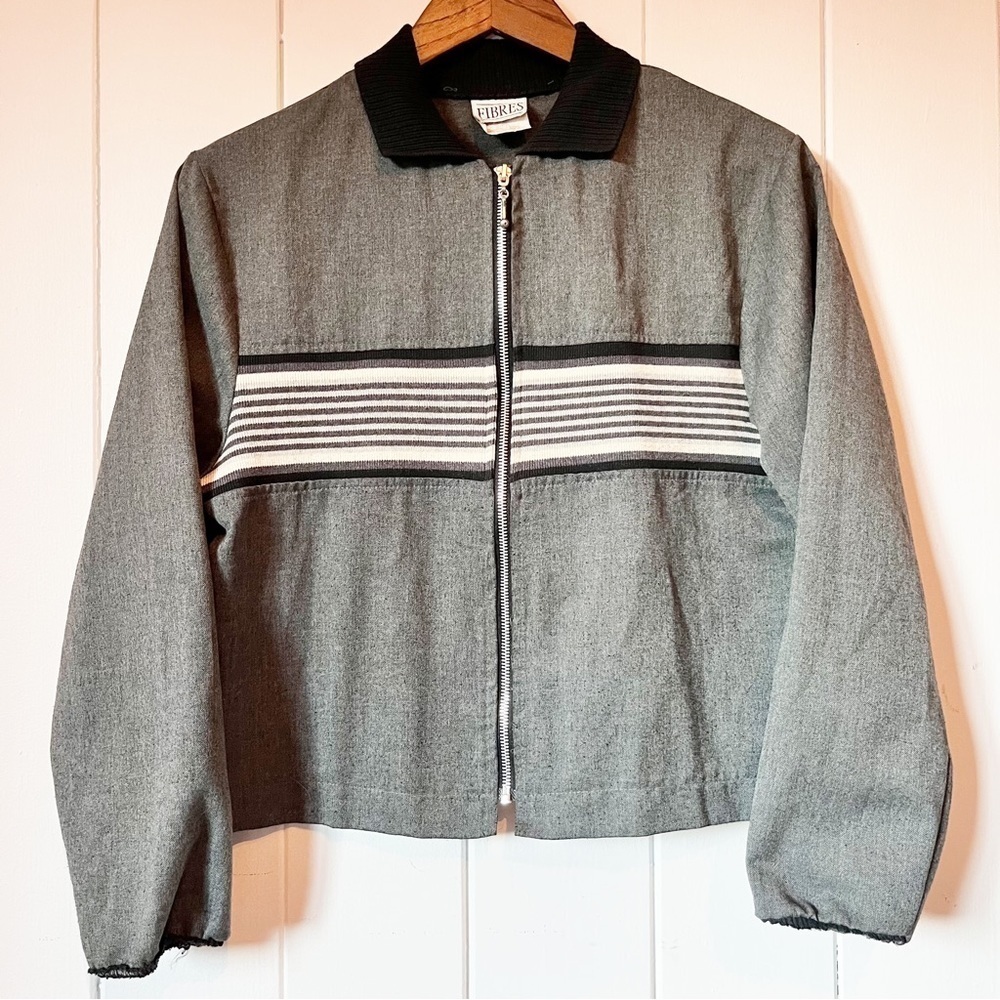 Fibres Grey and Striped Zip up Coat. Size Medium.